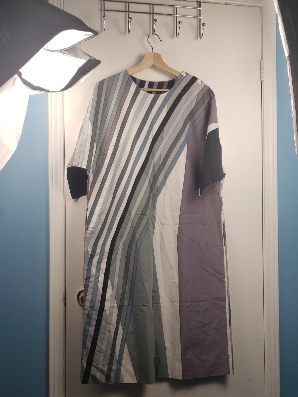 Vintage Marimekko Koko Striped Maxi Dress in Gray, Blue and White Size Large